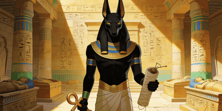 Anubis, dios de la muerte y la momificación, sostiene el ankh y el registro de almas en el templo funerario, guardián de los difuntos y protector de la eternidad.