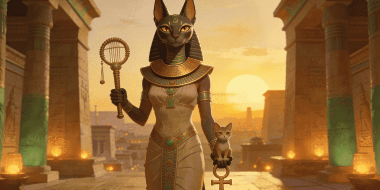 Bastet: de leona feroz a gato sagrado. Porta el sistro de la música divina y custoria la vida eterna con su Ankh, mientras su compañero gato la acompaña en la protección del hogar.