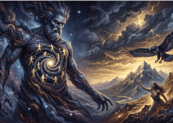Urano, el dios primordial del cielo en forma de gigante cósmico con barba larga y rostro severo. Su cuerpo está literalmente compuesto por el cosmos con estrellas, galaxias y espirales doradas. Dentro de su cuerpo están las figuras humanas doradas de los Titanes aprisionados. En primer plano, Gaia (la Tierra) rebelde se alza contra él. Un águila cósmica vuela en el cielo tormentoso mientras relámpagos dorados presagian su castración.