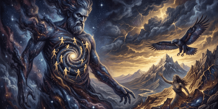 Urano, el dios primordial del cielo en forma de gigante cósmico con barba larga y rostro severo. Su cuerpo está literalmente compuesto por el cosmos con estrellas, galaxias y espirales doradas. Dentro de su cuerpo están las figuras humanas doradas de los Titanes aprisionados. En primer plano, Gaia (la Tierra) rebelde se alza contra él. Un águila cósmica vuela en el cielo tormentoso mientras relámpagos dorados presagian su castración.