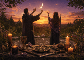 Dos practicantes de Wicca realizando ritual nocturno al aire libre: mujer y hombre con brazos levantados invocando la Diosa y el Dios, rodeados de pentáculo, velas encendidas, cáliz ceremonial, hierbas y cristales bajo luna creciente al atardecer