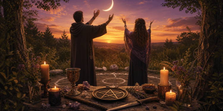 Dos practicantes de Wicca realizando ritual nocturno al aire libre: mujer y hombre con brazos levantados invocando la Diosa y el Dios, rodeados de pentáculo, velas encendidas, cáliz ceremonial, hierbas y cristales bajo luna creciente al atardecer