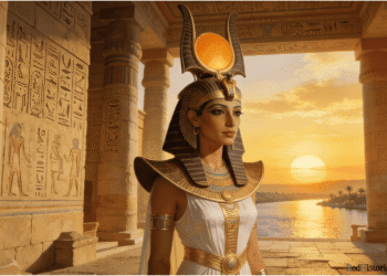 Isis diosa egipcia con corona Atef, alas doradas, templo de Filae y Nilo al fond