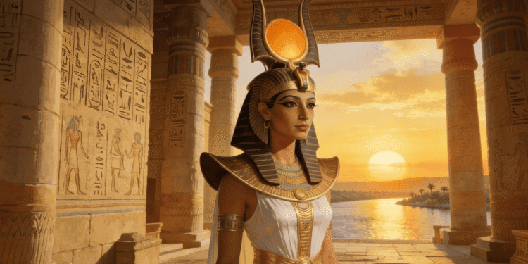 Isis diosa egipcia con corona Atef, alas doradas, templo de Filae y Nilo al fond