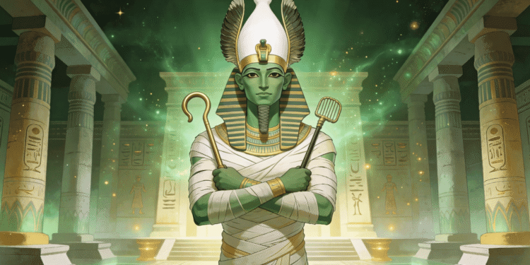Osiris dios egipcio momificado con corona Atef, cayado y flagelo en templo