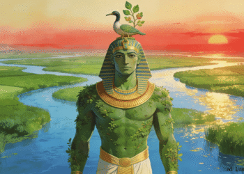 Geb, dios de la tierra y la fertilidad, con el Nilo fluyendo a través de su cuerpo y plantas brotando de su piel. Su forma personificada revela que es la tierra misma que sustenta el mundo.