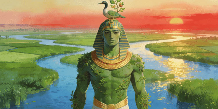 Geb, dios de la tierra y la fertilidad, con el Nilo fluyendo a través de su cuerpo y plantas brotando de su piel. Su forma personificada revela que es la tierra misma que sustenta el mundo.