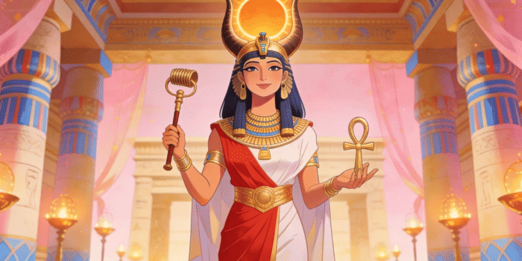 Hathor diosa egipcia del amor la música y la maternidad con cuernos de vaca y disco solar