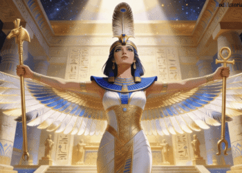 Maat, la diosa del orden cósmico y la justicia, sostiene el ankh de la vida eterna y el cetro del poder divino en un templo egipcio iluminado por luz celestial.