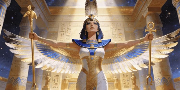 Maat, la diosa del orden cósmico y la justicia, sostiene el ankh de la vida eterna y el cetro del poder divino en un templo egipcio iluminado por luz celestial.