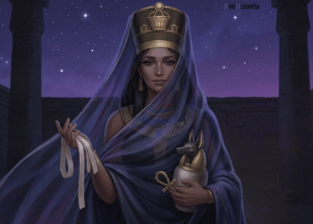 Neftis, diosa de los muertos y protectora de la momificación, sosteniendo vendas funerarias y frasco canópico en el templo nocturno