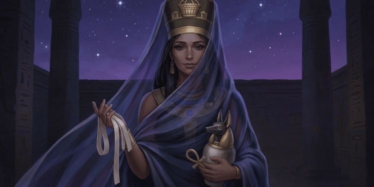 Neftis, diosa de los muertos y protectora de la momificación, sosteniendo vendas funerarias y frasco canópico en el templo nocturno
