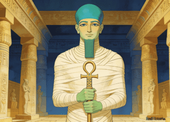 Ptah, dios creador momificado de Menfis, sosteniendo el Ankh sagrado en el templo de columnas doradas