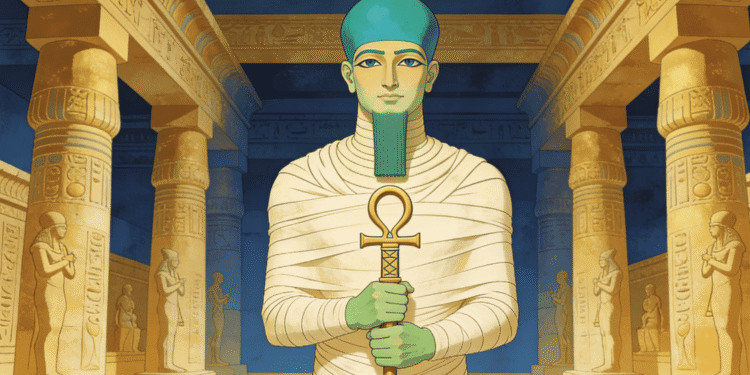 Ptah, dios creador momificado de Menfis, sosteniendo el Ankh sagrado en el templo de columnas doradas