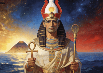 Atum, el dios creador primordial del Antiguo Egipto, con disco solar, Ankh y pirámide de Heliópolis