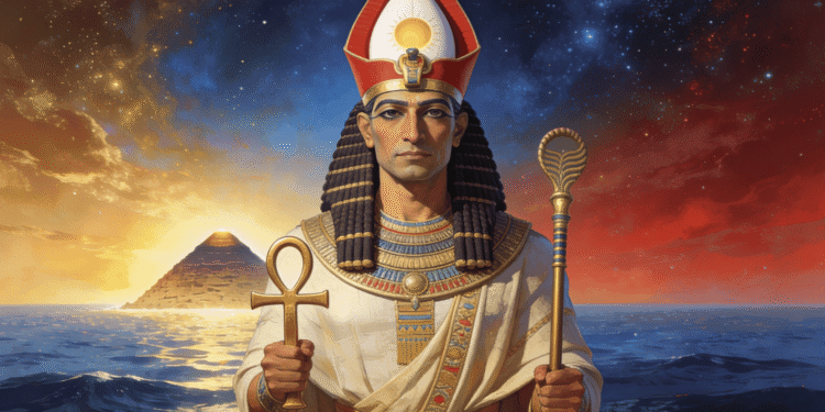 Atum, el dios creador primordial del Antiguo Egipto, con disco solar, Ankh y pirámide de Heliópolis