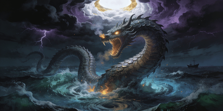 Leviatán, el monstruo marino bíblico, serpiente colosal con aliento de fuego emergiendo del mar en tormenta, ilustración basada en la descripción del libro de Job