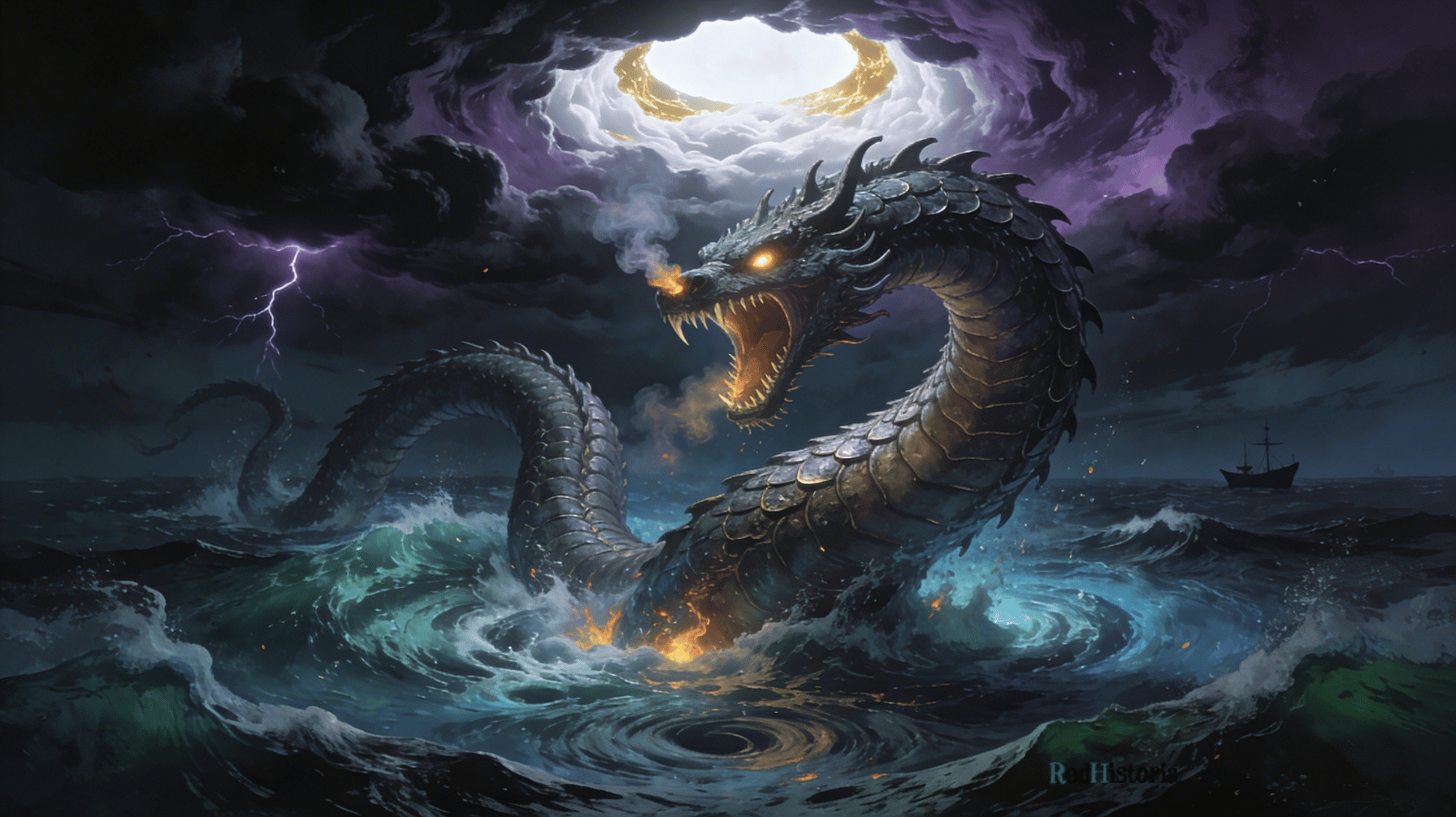 Leviatán, el monstruo marino bíblico, serpiente colosal con aliento de fuego emergiendo del mar en tormenta, ilustración basada en la descripción del libro de Job