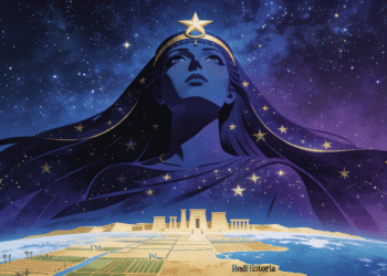 Nut, diosa del cielo, arquea su cuerpo sobre el cosmos con estrellas doradas como sus hijos, mientras Geb y los templos antiguos permanecen bajo su protección eterna.