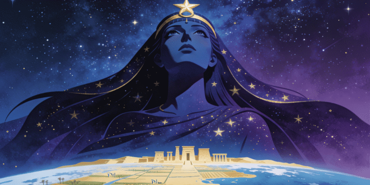 Nut, diosa del cielo, arquea su cuerpo sobre el cosmos con estrellas doradas como sus hijos, mientras Geb y los templos antiguos permanecen bajo su protección eterna.