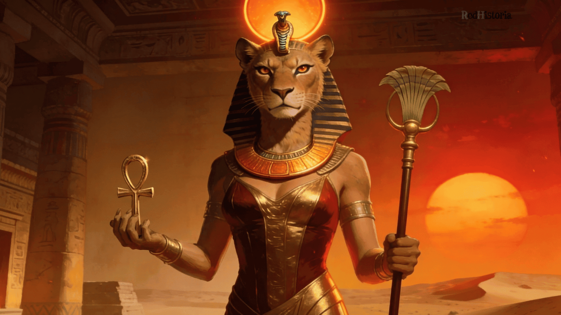 Sekhmet: la leona destructora que también sana. Con su disco solar, su Ankh de vida-muerte y su poder temido, la diosa más feroz del Antiguo Egipto encarna la paradoja del poder divino.