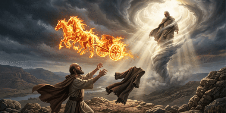 Elías siendo arrebatado al cielo en un torbellino mientras el carro de fuego con caballos de fuego pasa entre él y Eliseo, y el manto del profeta cae al suelo junto al río Jordán