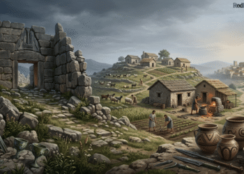 Reconstrucción ilustrada de la Edad Oscura griega (1100-800 aC): ruinas de palacios micénicos en primer plano, pequeñas aldeas de Edad Oscura en el centro con cerámica protogeométrica, y ciudades reconstruidas al fondo, mostrando la transformación silenciosa de la civilización griega.