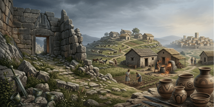 Reconstrucción ilustrada de la Edad Oscura griega (1100-800 aC): ruinas de palacios micénicos en primer plano, pequeñas aldeas de Edad Oscura en el centro con cerámica protogeométrica, y ciudades reconstruidas al fondo, mostrando la transformación silenciosa de la civilización griega.