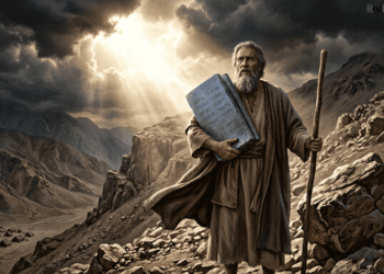 Moisés bajando del monte Sinaí con las tablas de la Ley escritas en hebreo y el cayado en la mano, con la luz divina irrumpiendo entre las nubes oscuras y el campamento israelita al fondo
