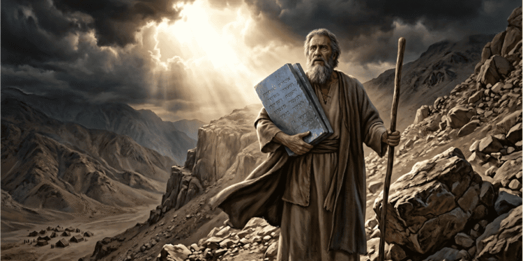 Moisés bajando del monte Sinaí con las tablas de la Ley escritas en hebreo y el cayado en la mano, con la luz divina irrumpiendo entre las nubes oscuras y el campamento israelita al fondo