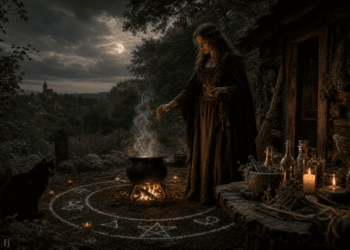 Brujería: Bruja realizando ritual nocturno con caldero sobre círculo mágico, rodeada de velas, botellas de hierbas y símbolos esotéricos bajo la luna llena