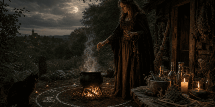 Brujería: Bruja realizando ritual nocturno con caldero sobre círculo mágico, rodeada de velas, botellas de hierbas y símbolos esotéricos bajo la luna llena