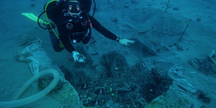 Un arqueólogo sostiene un fragmento de una trompeta de 400 años de antigüedad encontrada en el naufragio. Crédito: International Center for Underwater Archaeology in Zadar