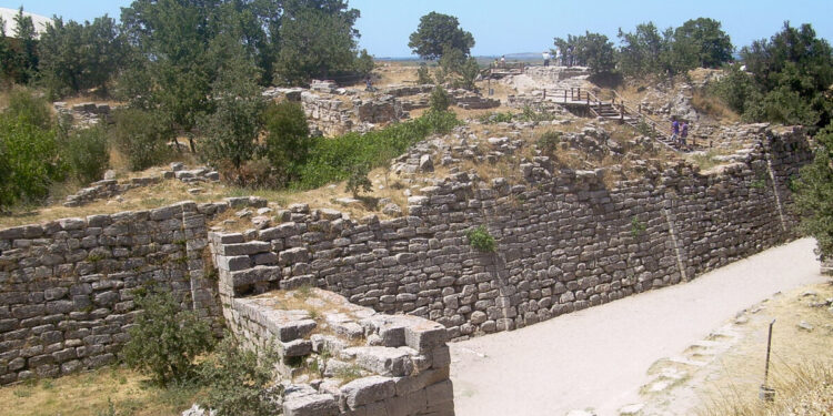 Encuentras hondas de piedra frente a un palacio en Troya.