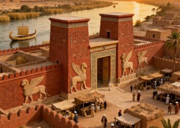 Mesopotamia cuna de la civilización ciudad babilónica con puertas monumentales y Lamassu junto al río Éufrates