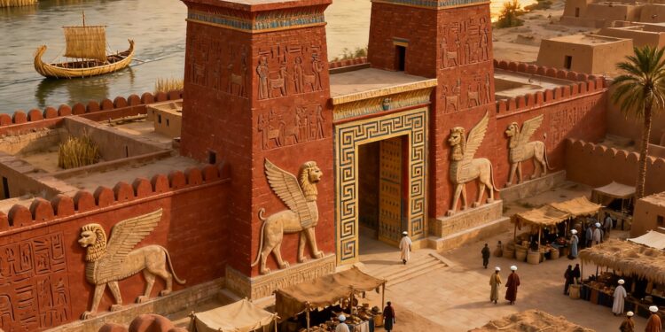 Mesopotamia cuna de la civilización ciudad babilónica con puertas monumentales y Lamassu junto al río Éufrates