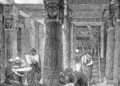 Reconstrucción de la Biblioteca de Alejandría: centro del conocimiento helenístico donde eruditos de todo el mundo antiguo realizaban investigaciones científicas