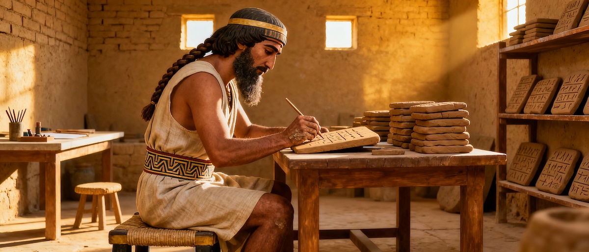 Escriba acadia del Imperio (2334-2154 a.C.) registrando información administrativa en tablillas de arcilla cuneiforme, mostrando el sistema burocrático que unificó Mesopotamia.