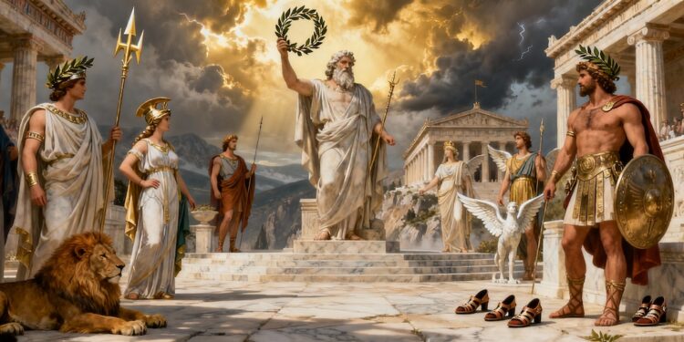 Los doce dioses olímpicos en el Monte Olimpo: Zeus, Hera, Poseidón y otros dioses griegos rodeados de arquitectura clásica y símbolos divinos como el rayo, tridente y corona de laurel
