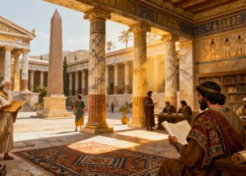 Representación artística del período helenístico mostrando la síntesis cultural greco-oriental con arquitectura griega, comercio y encuentro de civilizaciones