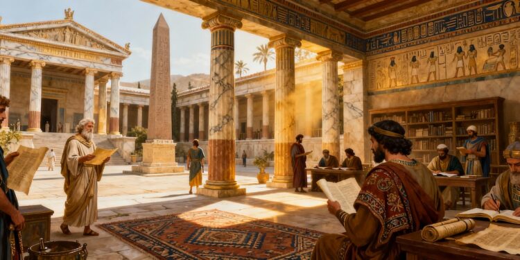 Representación artística del período helenístico mostrando la síntesis cultural greco-oriental con arquitectura griega, comercio y encuentro de civilizaciones