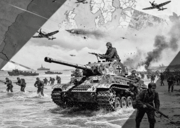 Segunda Guerra Mundial: collage histórico mostrando desembarco anfibio, tanque Panzer, aviones de combate y mapas estratégicos de Europa durante 1939-1945