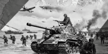 Segunda Guerra Mundial: collage histórico mostrando desembarco anfibio, tanque Panzer, aviones de combate y mapas estratégicos de Europa durante 1939-1945