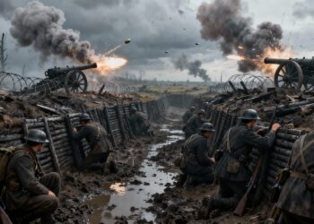 Trincheras de la Primera Guerra Mundial con soldados en posiciones defensivas, explosiones de artillería y alambrada de púas en paisaje desolado