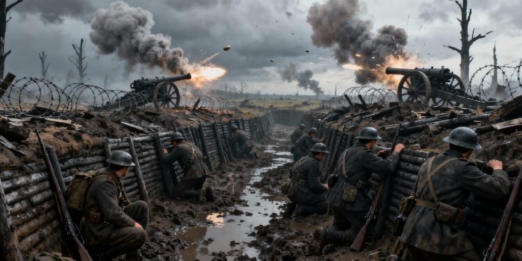 Trincheras de la Primera Guerra Mundial con soldados en posiciones defensivas, explosiones de artillería y alambrada de púas en paisaje desolado