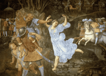 Eneas, el héroe troyano, carga a su padre Anquises sobre sus hombros mientras sostiene a su hijo Ascanio en la mano, huyendo de Troya en llamas con el Paladio sagrado