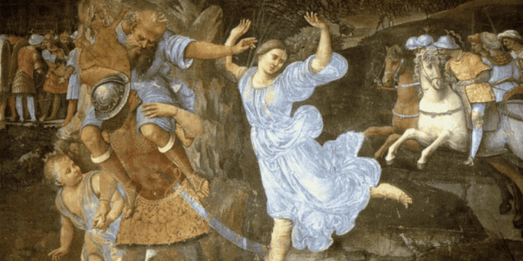 Eneas, el héroe troyano, carga a su padre Anquises sobre sus hombros mientras sostiene a su hijo Ascanio en la mano, huyendo de Troya en llamas con el Paladio sagrado