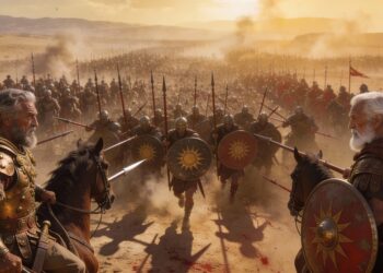 Ilustración de la batalla de Corupedio (281 a.C.) mostrando a Seleuco I y Lisímaco, dos ancianos generales de Alejandro, enfrentándose en su último conflicto sobre los territorios de Asia Menor.