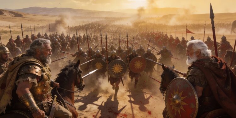 Ilustración de la batalla de Corupedio (281 a.C.) mostrando a Seleuco I y Lisímaco, dos ancianos generales de Alejandro, enfrentándose en su último conflicto sobre los territorios de Asia Menor.