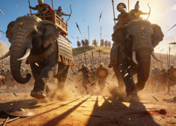 Ilustración de la batalla de Ipsos (301 a.C.) mostrando los elefantes de guerra de Seleuco cargando contra la falange macedónica de Antígono, con soldados griegos y polvo de batalla en la llanura de Frigia